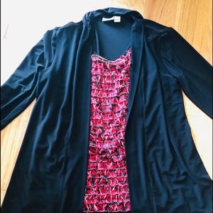 Women’s dress shirt with attached cardigan.